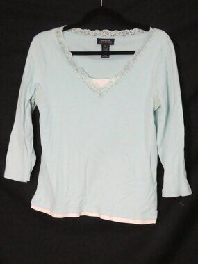 JONES NEW YORK SIGNATURE Aqua Blue Lace V-Neck Knit Top - Large
